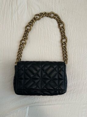 Zara Black Quilted Shoulder Bag with Antique Gold Chain